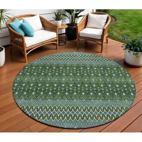 8' Olive Green And Blue Round Tribal Washable Indoor Outdoor Area Rug Photo 1