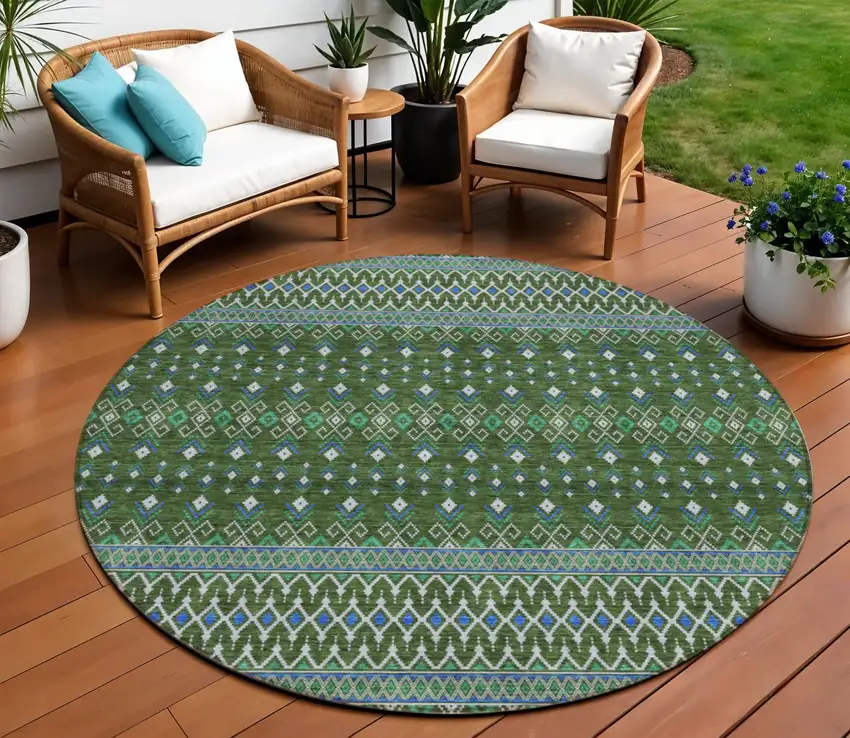 8' Olive Green And Blue Round Tribal Washable Indoor Outdoor Area Rug Photo 1
