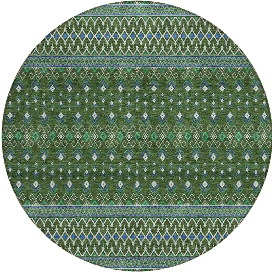 8' Olive Green And Blue Round Tribal Washable Indoor Outdoor Area Rug Photo 5