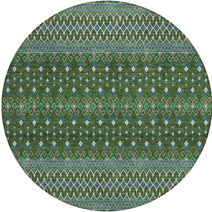8' Olive Green And Blue Round Tribal Washable Indoor Outdoor Area Rug Photo 5