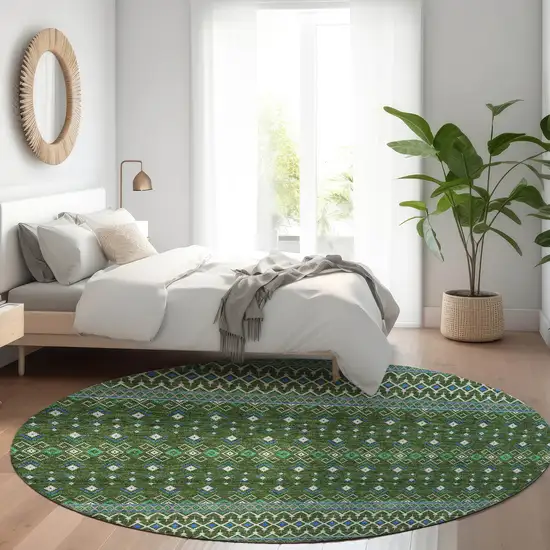 8' Olive Green And Blue Round Tribal Washable Indoor Outdoor Area Rug Photo 7