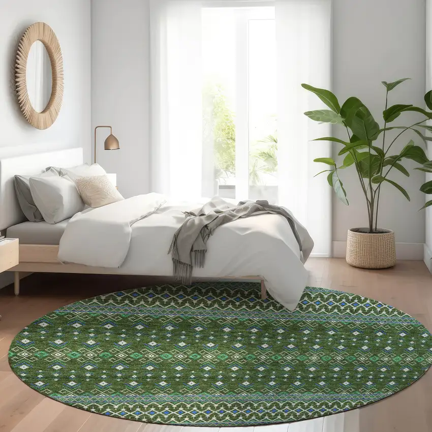8' Olive Green And Blue Round Tribal Washable Indoor Outdoor Area Rug Photo 7