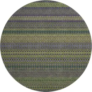 Photo of 8' Olive Green And Blue Striped Washable Round Rug With UV Protection
