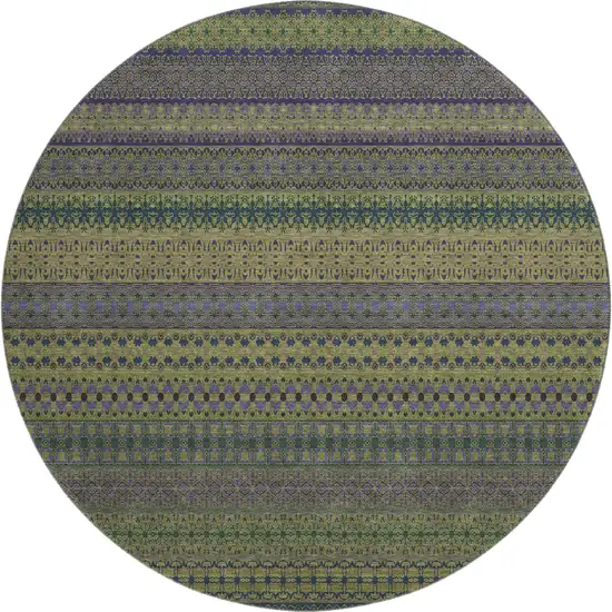 8' Olive Green And Blue Striped Washable Round Rug With UV Protection Photo 1