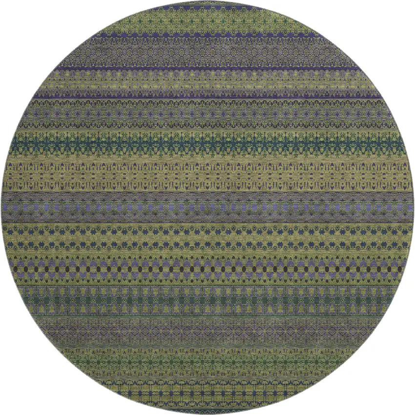 8' Olive Green And Blue Striped Washable Round Rug With UV Protection Photo 1