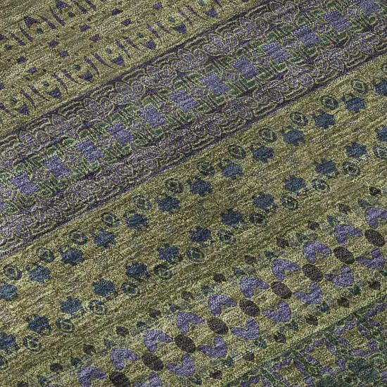 8' Olive Green And Blue Striped Washable Round Rug With UV Protection Photo 9