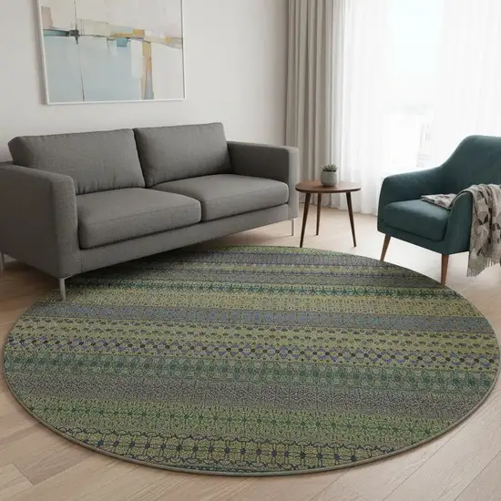 8' Olive Green And Blue Striped Washable Round Rug With UV Protection Photo 2