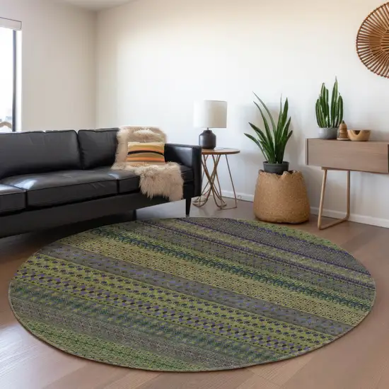 8' Olive Green And Blue Striped Washable Round Rug With UV Protection Photo 5