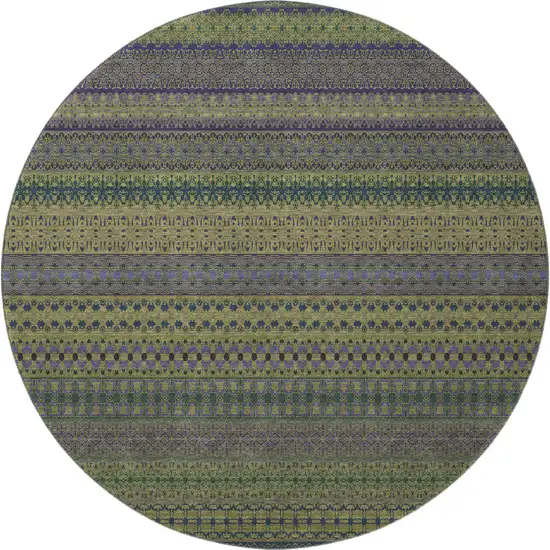 8' Olive Green And Blue Striped Washable Round Rug With UV Protection Photo 4