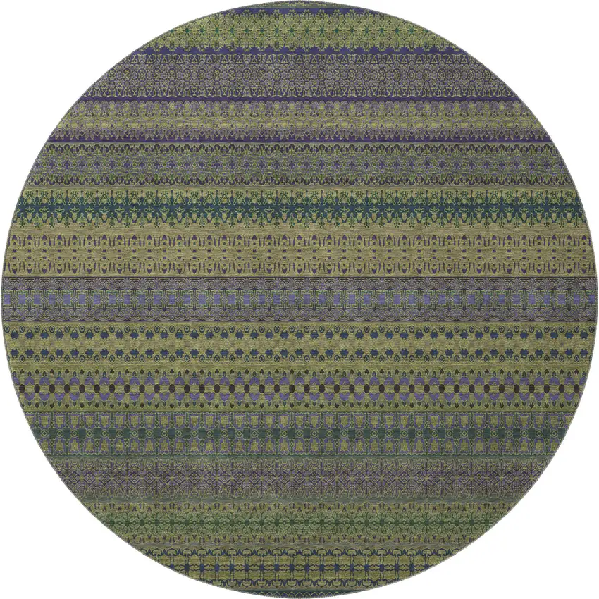 8' Olive Green And Blue Striped Washable Round Rug With UV Protection Photo 4