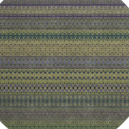 8' Olive Green And Blue Striped Washable Round Rug With UV Protection Photo 3