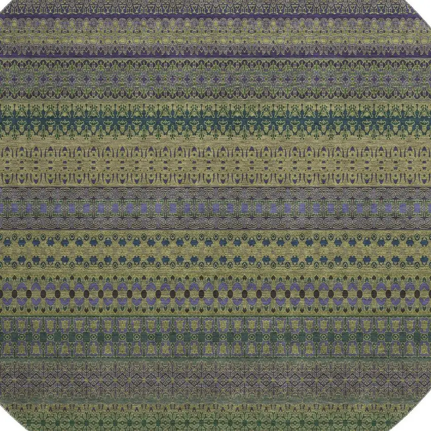 8' Olive Green And Blue Striped Washable Round Rug With UV Protection Photo 3
