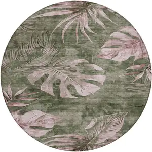 Photo of 8' Olive Green And Blush Round Floral Washable Indoor Outdoor Area Rug