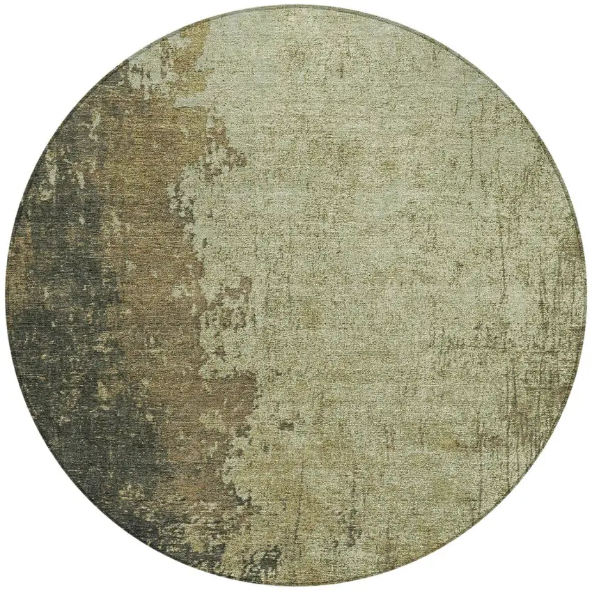 8' Olive Green And Brown Round Abstract Washable Indoor Outdoor Area Rug Photo 3