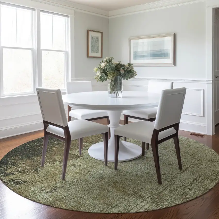 8' Olive Green And Brown Round Abstract Washable Indoor Outdoor Area Rug Photo 6