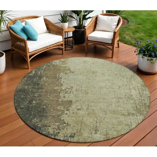 8' Olive Green And Brown Round Abstract Washable Indoor Outdoor Area Rug Photo 2