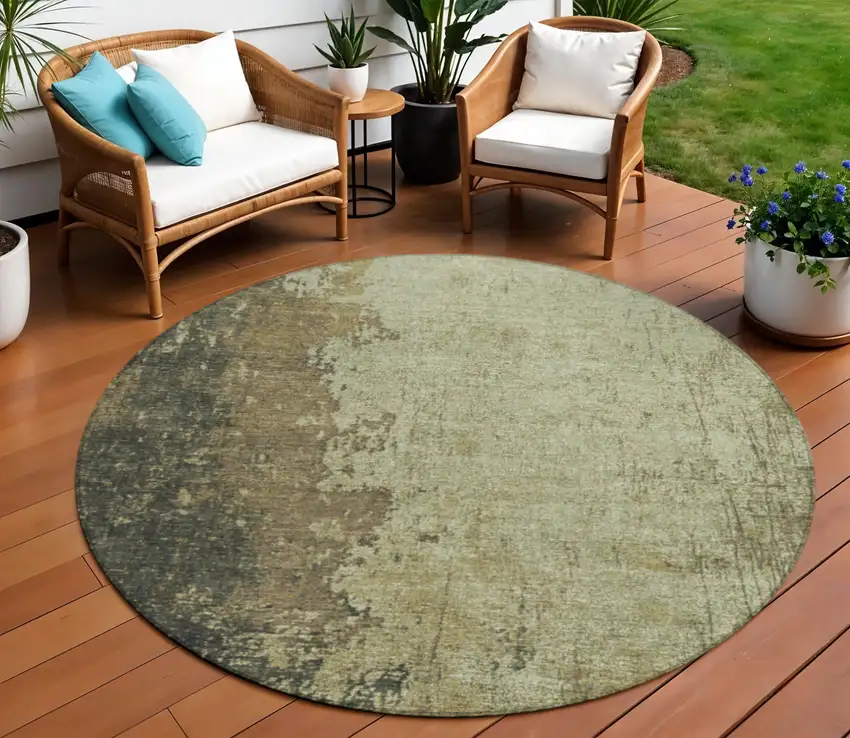 8' Olive Green And Brown Round Abstract Washable Indoor Outdoor Area Rug Photo 2