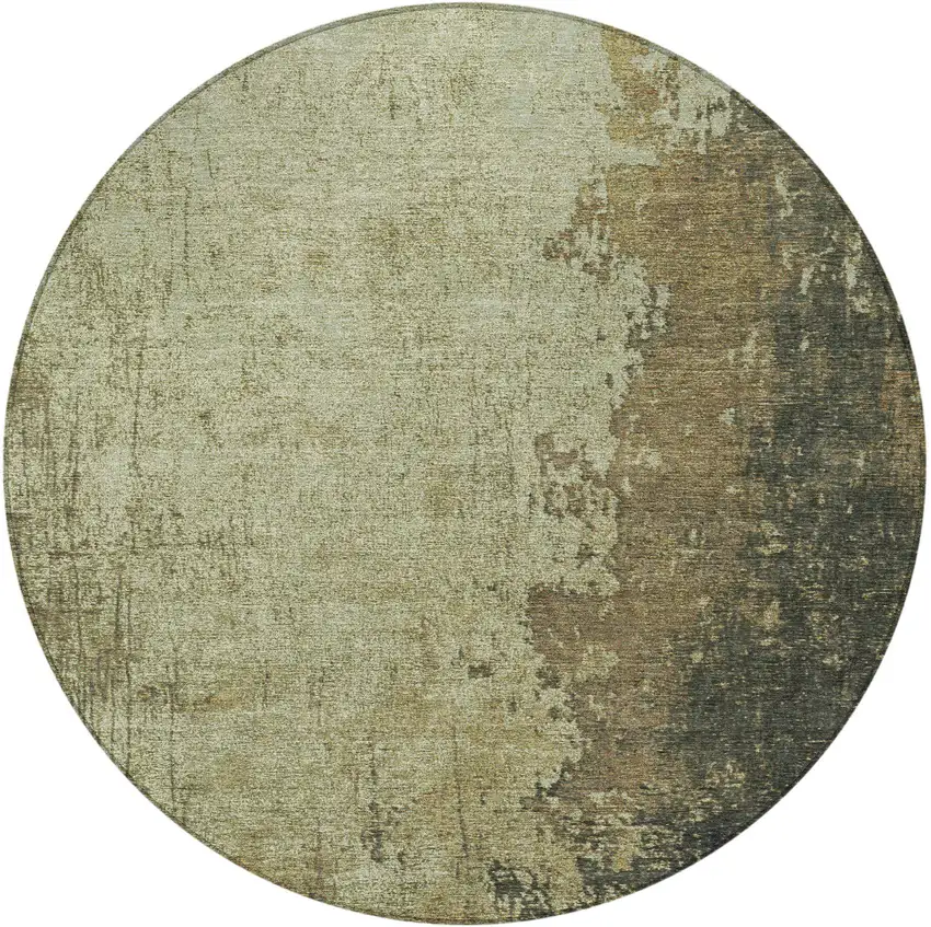 8' Olive Green And Brown Round Abstract Washable Indoor Outdoor Area Rug Photo 4
