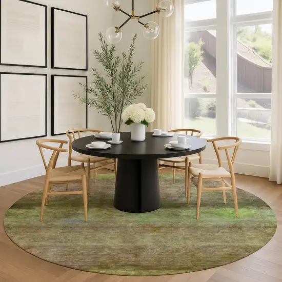 8' Olive Green And Brown Round Abstract Washable Indoor Outdoor Area Rug Photo 9