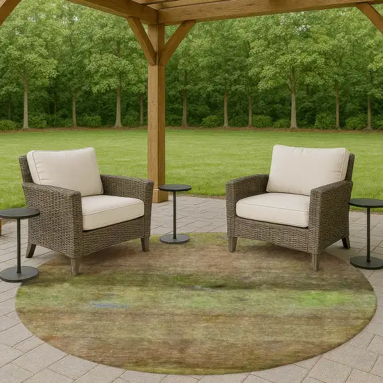 8' Olive Green And Brown Round Abstract Washable Indoor Outdoor Area Rug Photo 8