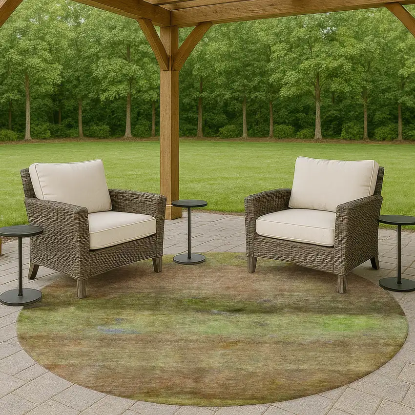 8' Olive Green And Brown Round Abstract Washable Indoor Outdoor Area Rug Photo 8