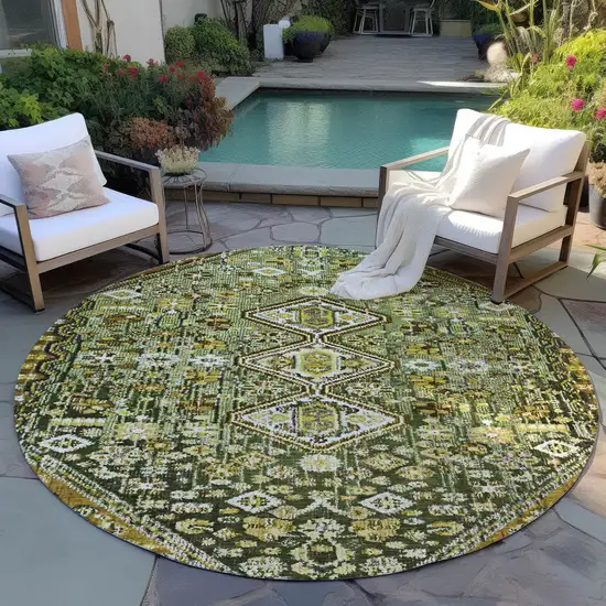 8' Olive Green And Brown Round Aztec Washable Indoor Outdoor Area Rug Photo 5