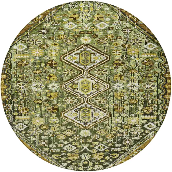 8' Olive Green And Brown Round Aztec Washable Indoor Outdoor Area Rug Photo 3
