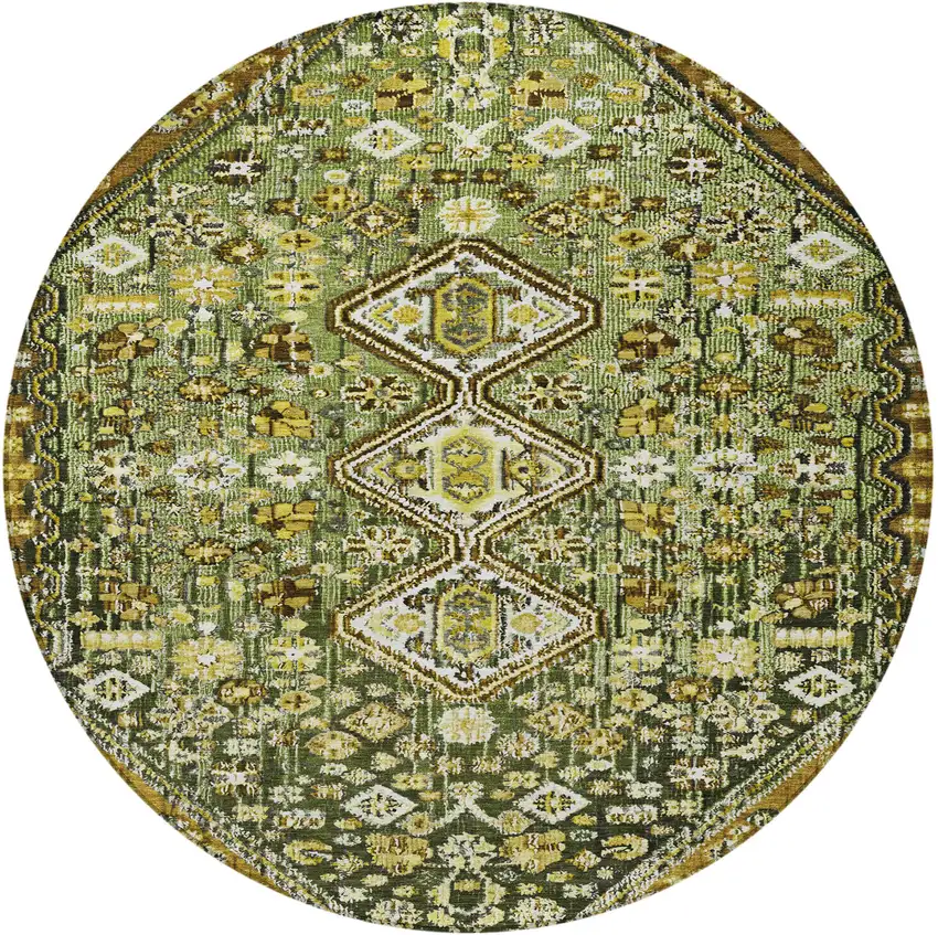 8' Olive Green And Brown Round Aztec Washable Indoor Outdoor Area Rug Photo 3
