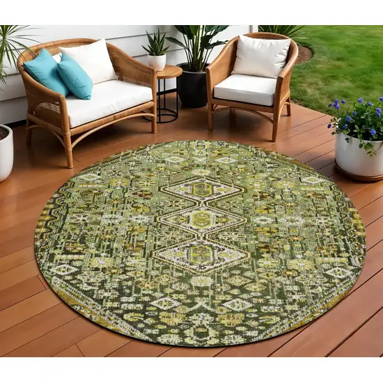 8' Olive Green And Brown Round Aztec Washable Indoor Outdoor Area Rug Photo 2