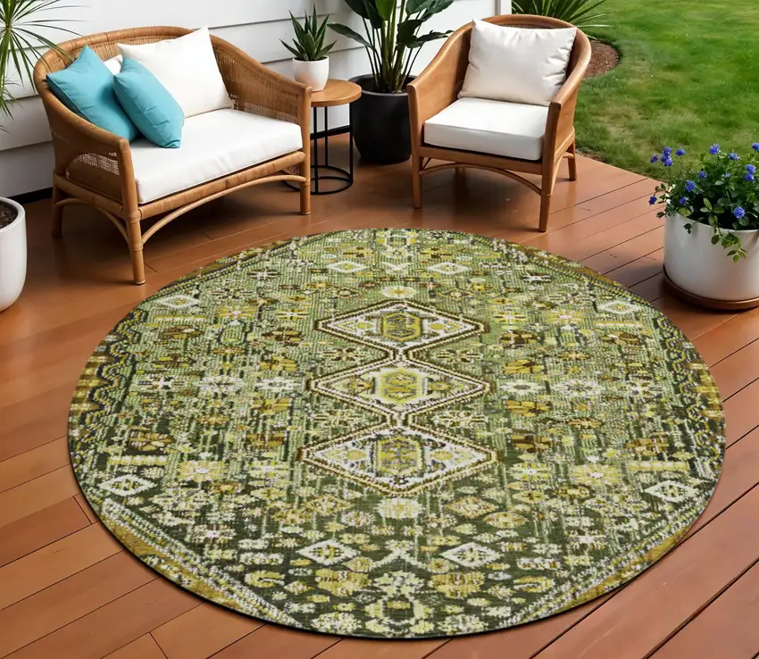 8' Olive Green And Brown Round Aztec Washable Indoor Outdoor Area Rug Photo 2