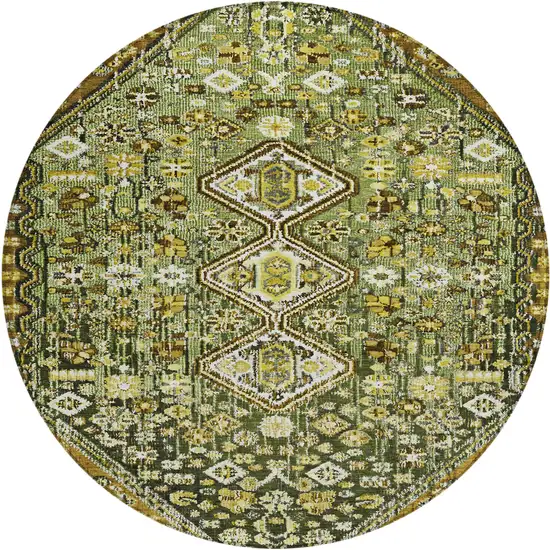 8' Olive Green And Brown Round Aztec Washable Indoor Outdoor Area Rug Photo 1