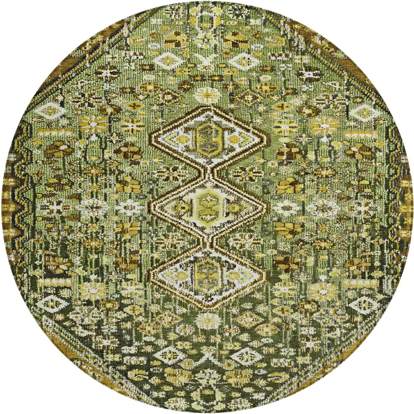 8' Olive Green And Brown Round Aztec Washable Indoor Outdoor Area Rug Photo 1