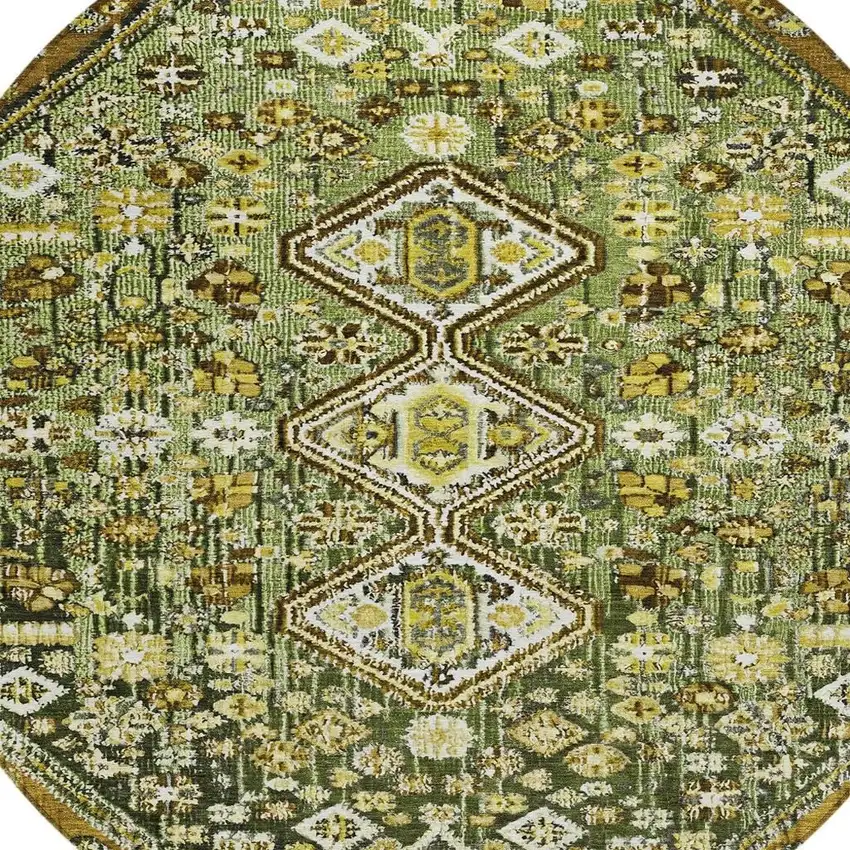 8' Olive Green And Brown Round Aztec Washable Indoor Outdoor Area Rug Photo 4