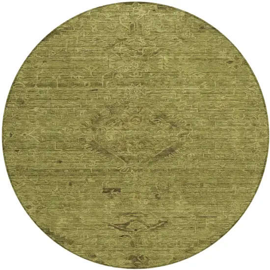 8' Olive Green And Brown Round Floral Washable Indoor Outdoor Area Rug Photo 2