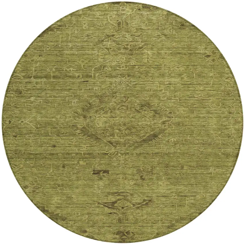 8' Olive Green And Brown Round Floral Washable Indoor Outdoor Area Rug Photo 2