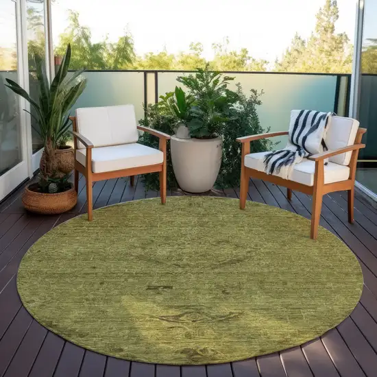 8' Olive Green And Brown Round Floral Washable Indoor Outdoor Area Rug Photo 7