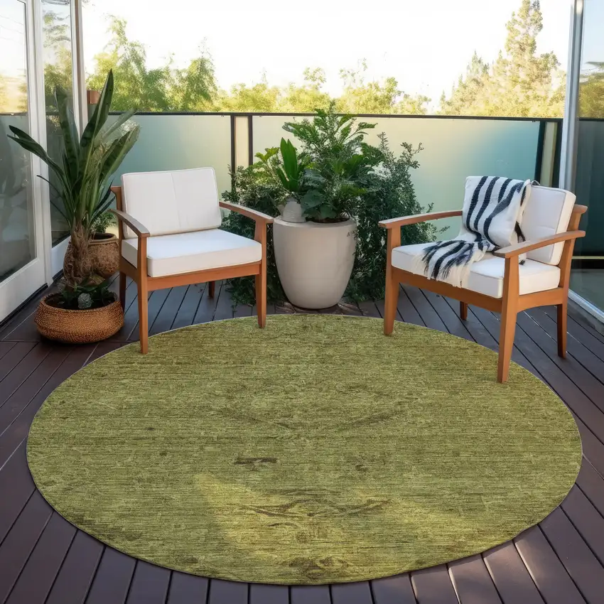 8' Olive Green And Brown Round Floral Washable Indoor Outdoor Area Rug Photo 7