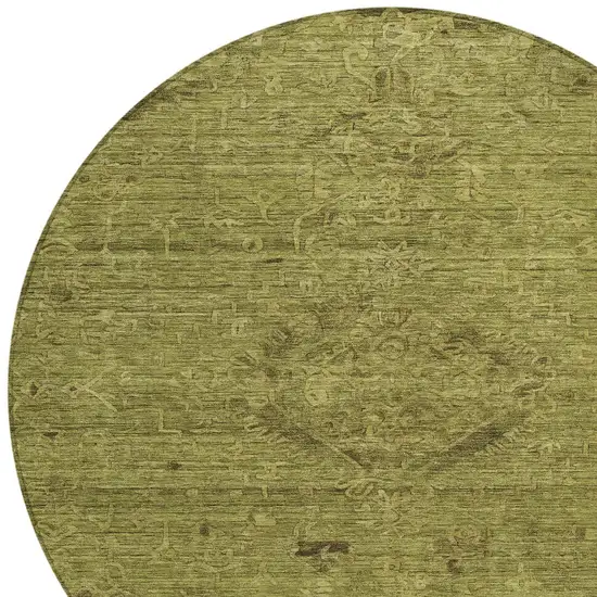 8' Olive Green And Brown Round Floral Washable Indoor Outdoor Area Rug Photo 5