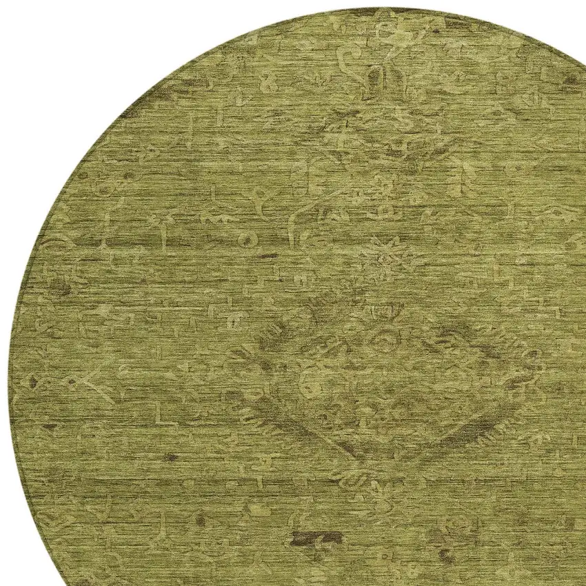 8' Olive Green And Brown Round Floral Washable Indoor Outdoor Area Rug Photo 5