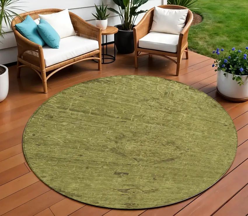 8' Olive Green And Brown Round Floral Washable Indoor Outdoor Area Rug Photo 1