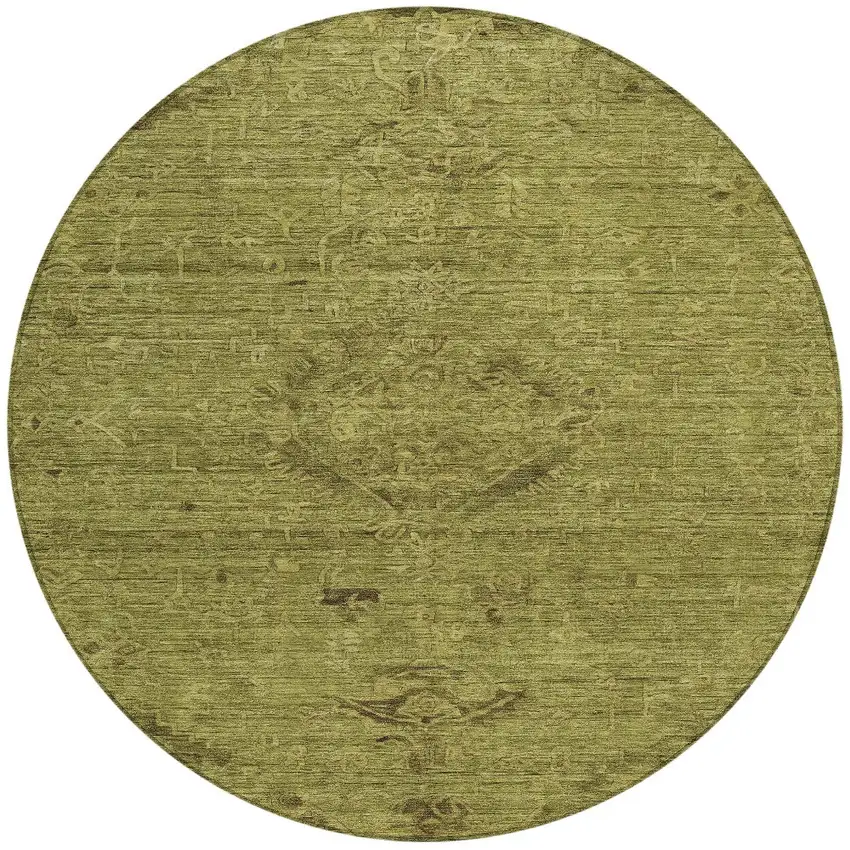 8' Olive Green And Brown Round Floral Washable Indoor Outdoor Area Rug Photo 6