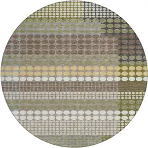 Photo of 8' Olive Green And Brown Round Geometric Washable Indoor Outdoor Area Rug