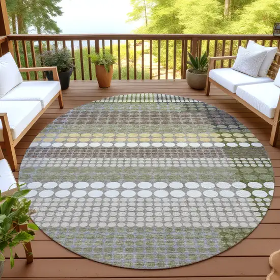 8' Olive Green And Brown Round Geometric Washable Indoor Outdoor Area Rug Photo 4