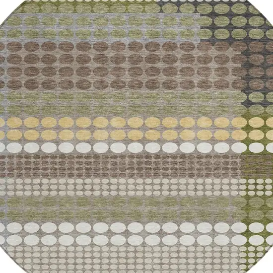 8' Olive Green And Brown Round Geometric Washable Indoor Outdoor Area Rug Photo 2