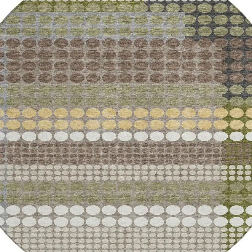 8' Olive Green And Brown Round Geometric Washable Indoor Outdoor Area Rug Photo 2