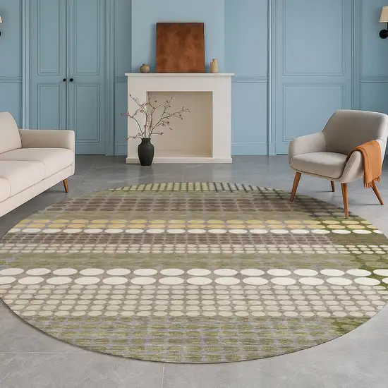 8' Olive Green And Brown Round Geometric Washable Indoor Outdoor Area Rug Photo 5