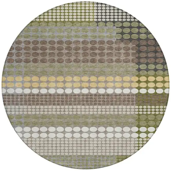 8' Olive Green And Brown Round Geometric Washable Indoor Outdoor Area Rug Photo 3