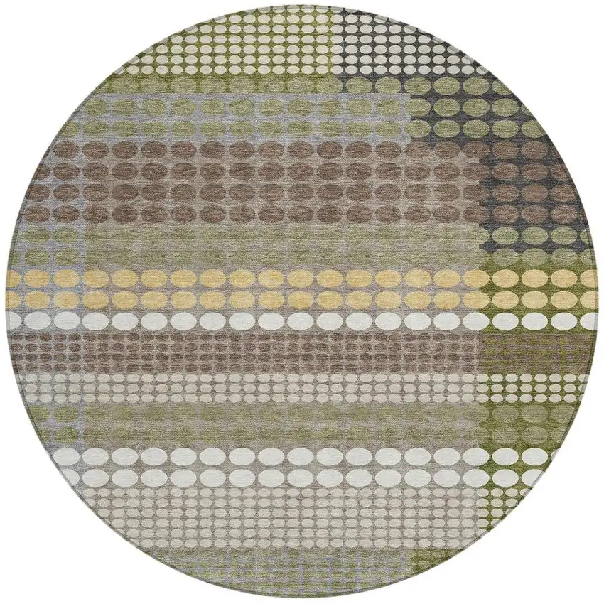 8' Olive Green And Brown Round Geometric Washable Indoor Outdoor Area Rug Photo 3