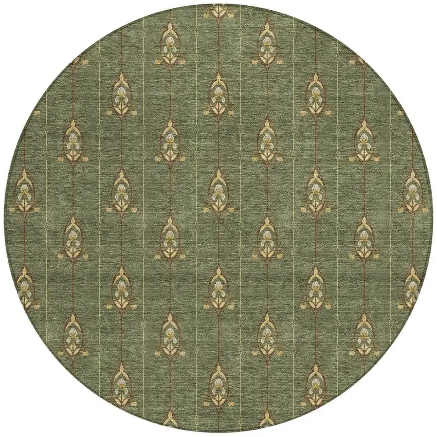 8' Olive Green And Brown Round Geometric Washable Indoor Outdoor Area Rug Photo 3