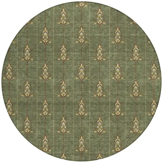 8' Olive Green And Brown Round Geometric Washable Indoor Outdoor Area Rug Photo 3